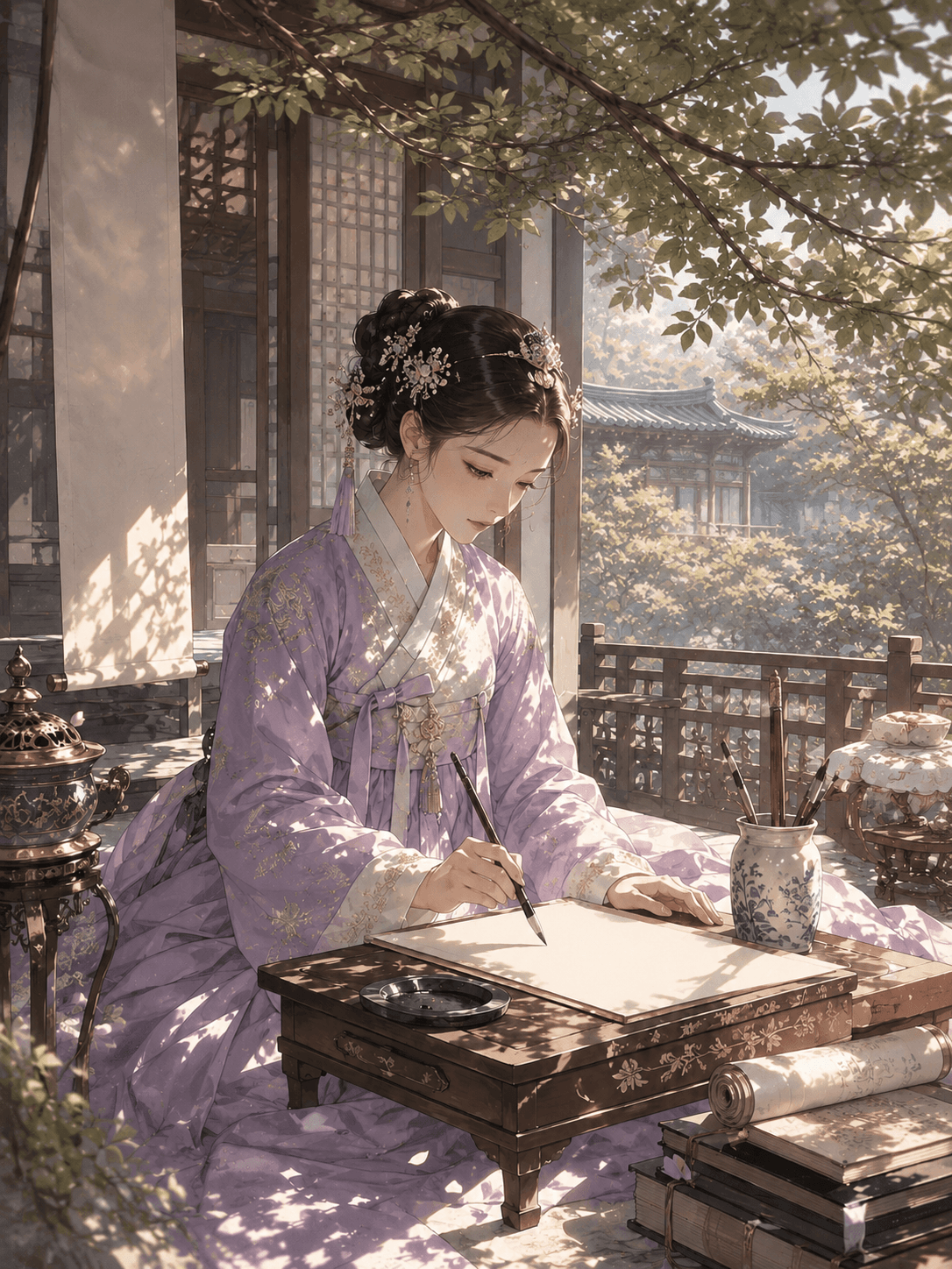 을묘일주 정원 누각의 글 쓰는 규수